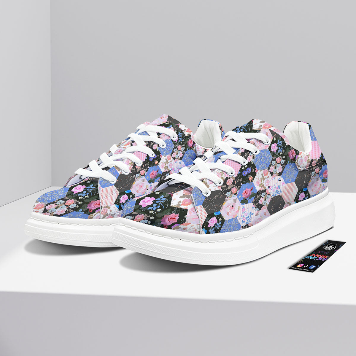 Flower Patchwork Pink Print Pattern Platform Shoes-grizzshop