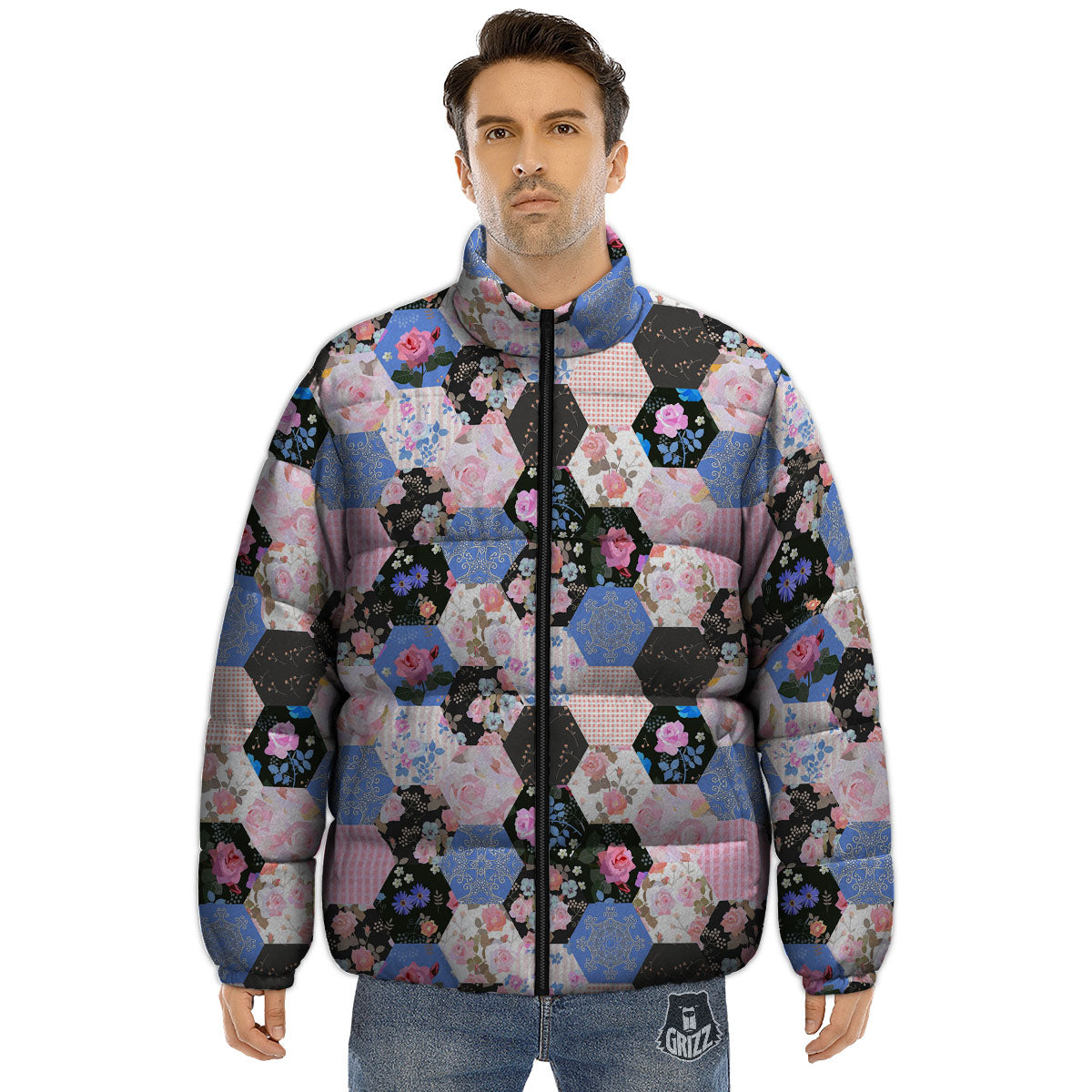 Flower Patchwork Pink Print Pattern Puffer Jacket-grizzshop
