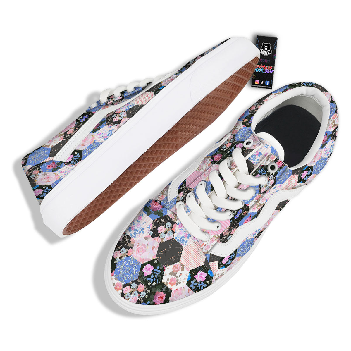Flower Patchwork Pink Print Pattern Skate Shoes-grizzshop