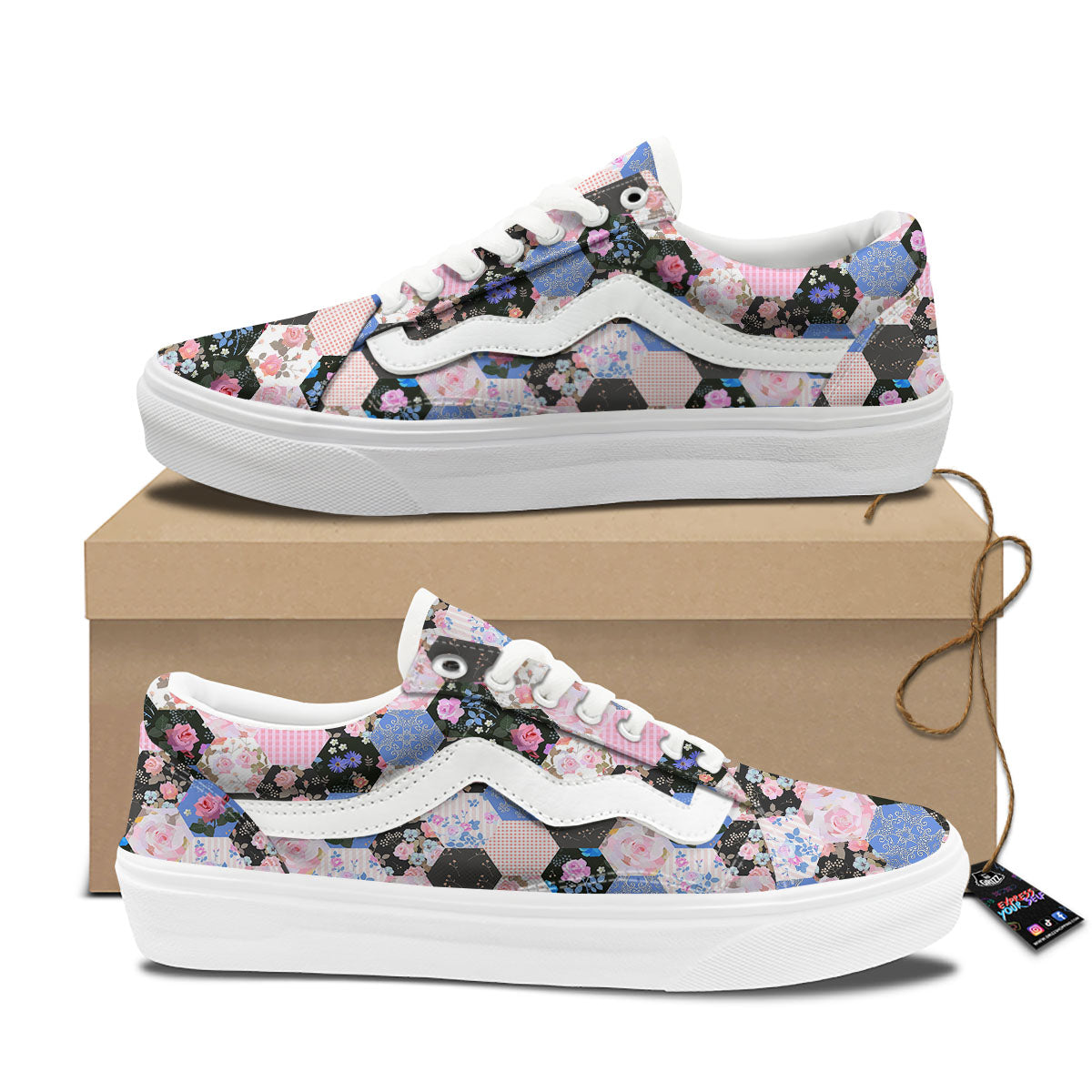 Flower Patchwork Pink Print Pattern Skate Shoes-grizzshop