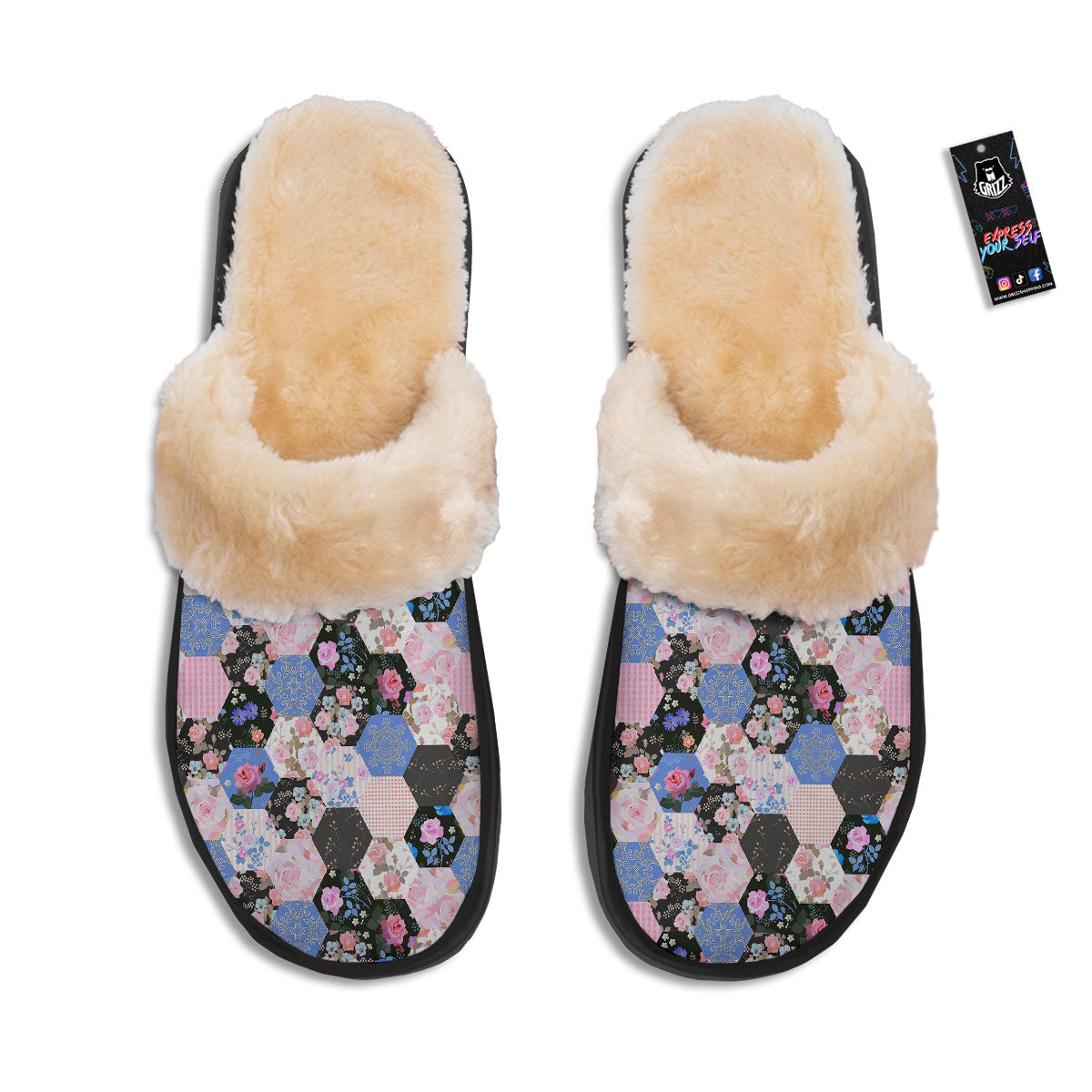 Flower Patchwork Pink Print Pattern Slippers-grizzshop