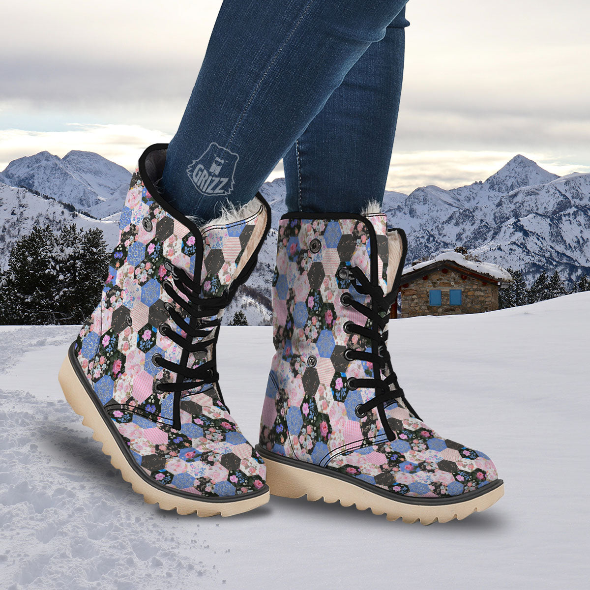 Flower Patchwork Pink Print Pattern Snow Boots-grizzshop