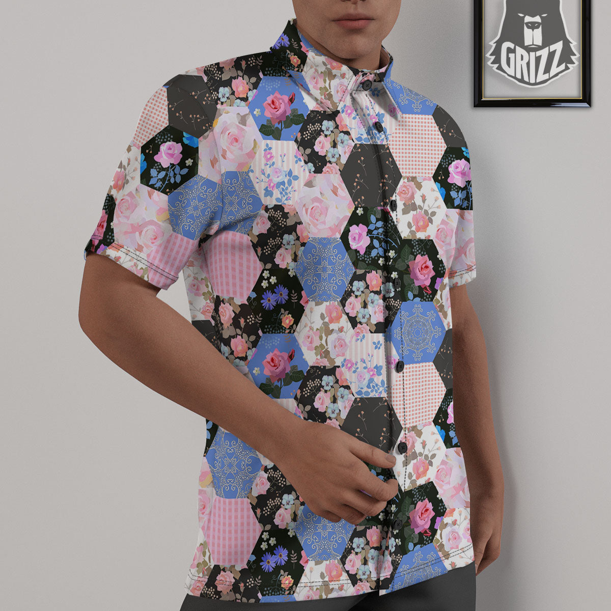 Flower Patchwork Pink Print Pattern Untucked Shirts-grizzshop