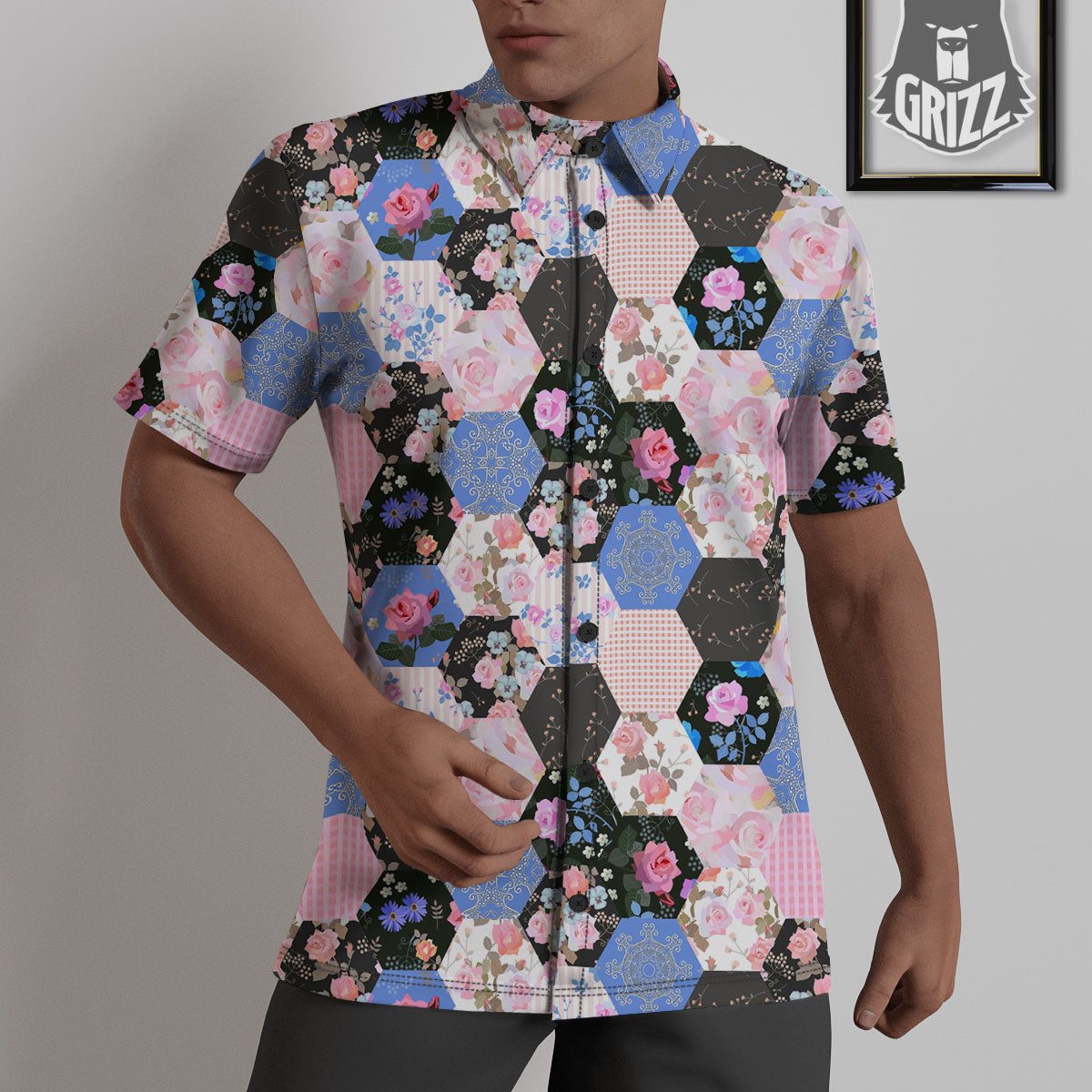 Flower Patchwork Pink Print Pattern Untucked Shirts-grizzshop