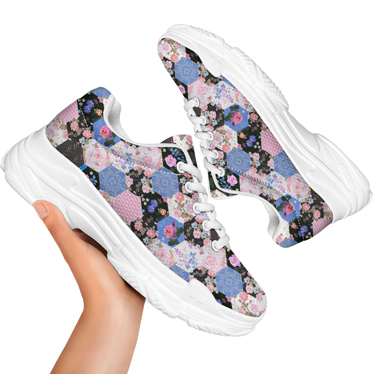 Flower Patchwork Pink Print Pattern White Chunky Shoes-grizzshop
