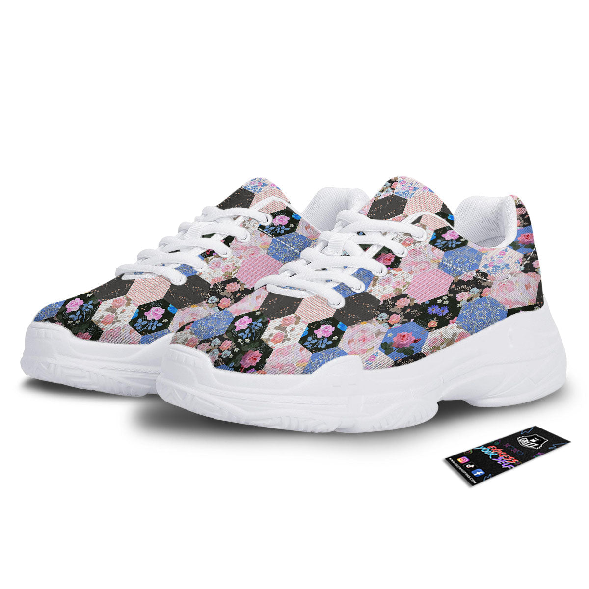 Flower Patchwork Pink Print Pattern White Chunky Shoes-grizzshop