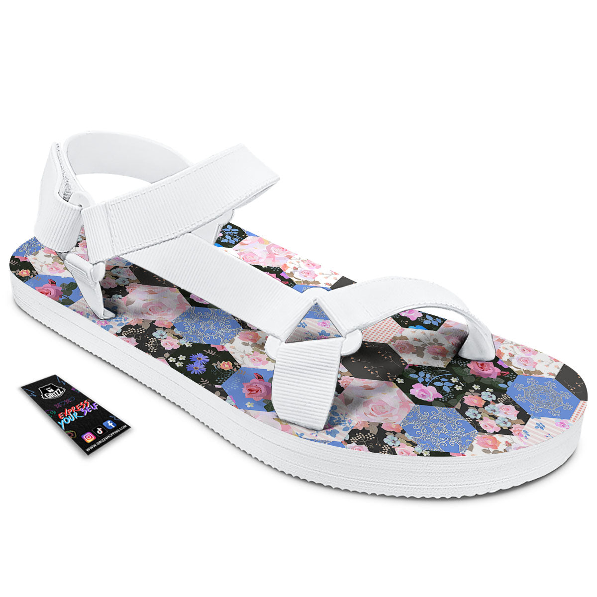 Flower Patchwork Pink Print Pattern White Open Toe Sandals-grizzshop