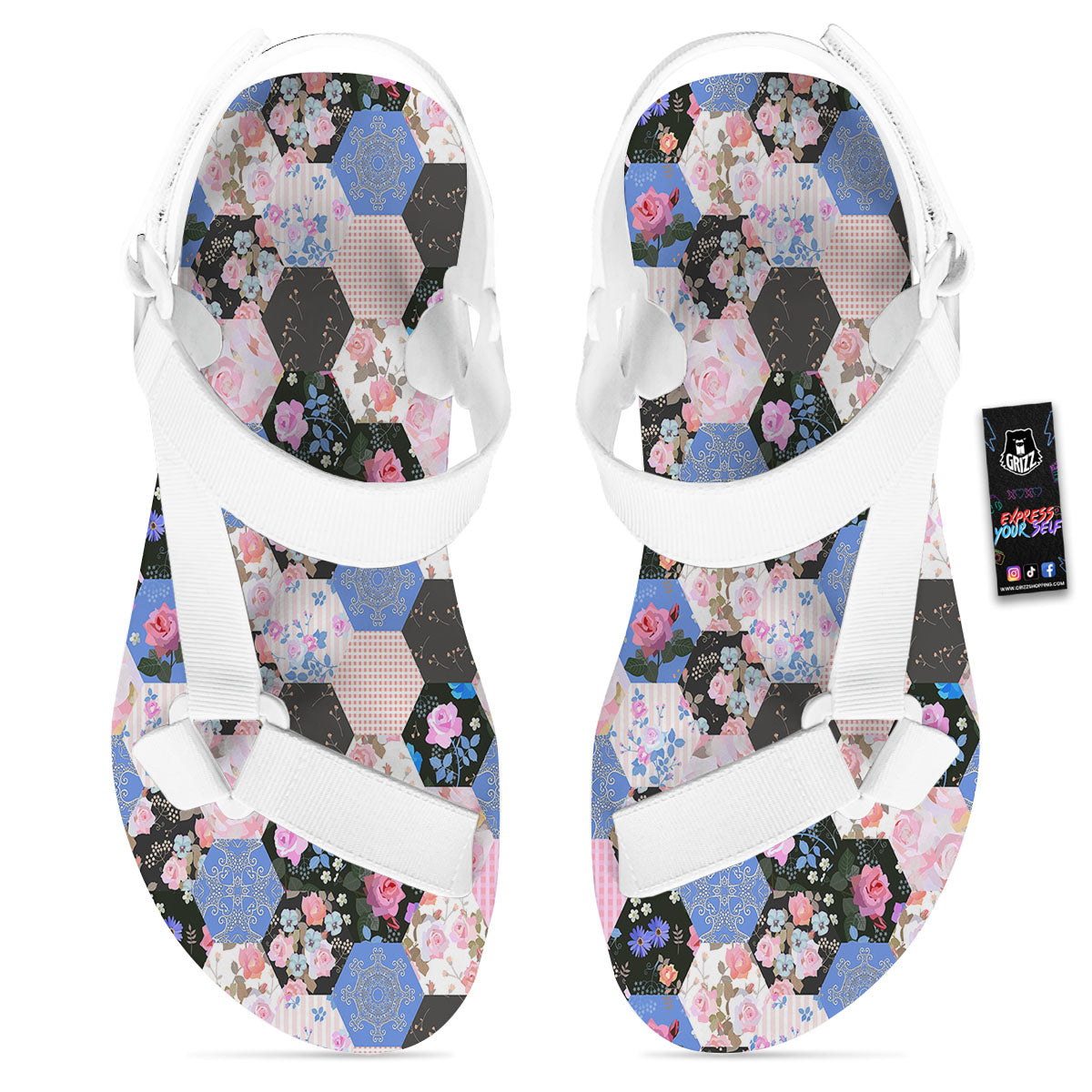 Flower Patchwork Pink Print Pattern White Open Toe Sandals-grizzshop