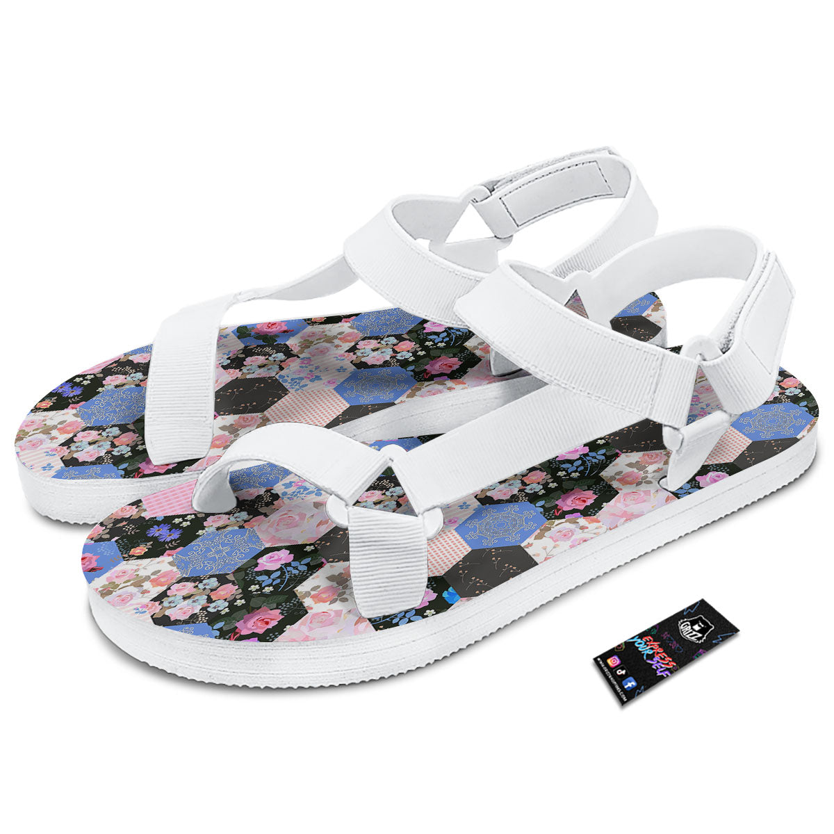 Flower Patchwork Pink Print Pattern White Open Toe Sandals-grizzshop