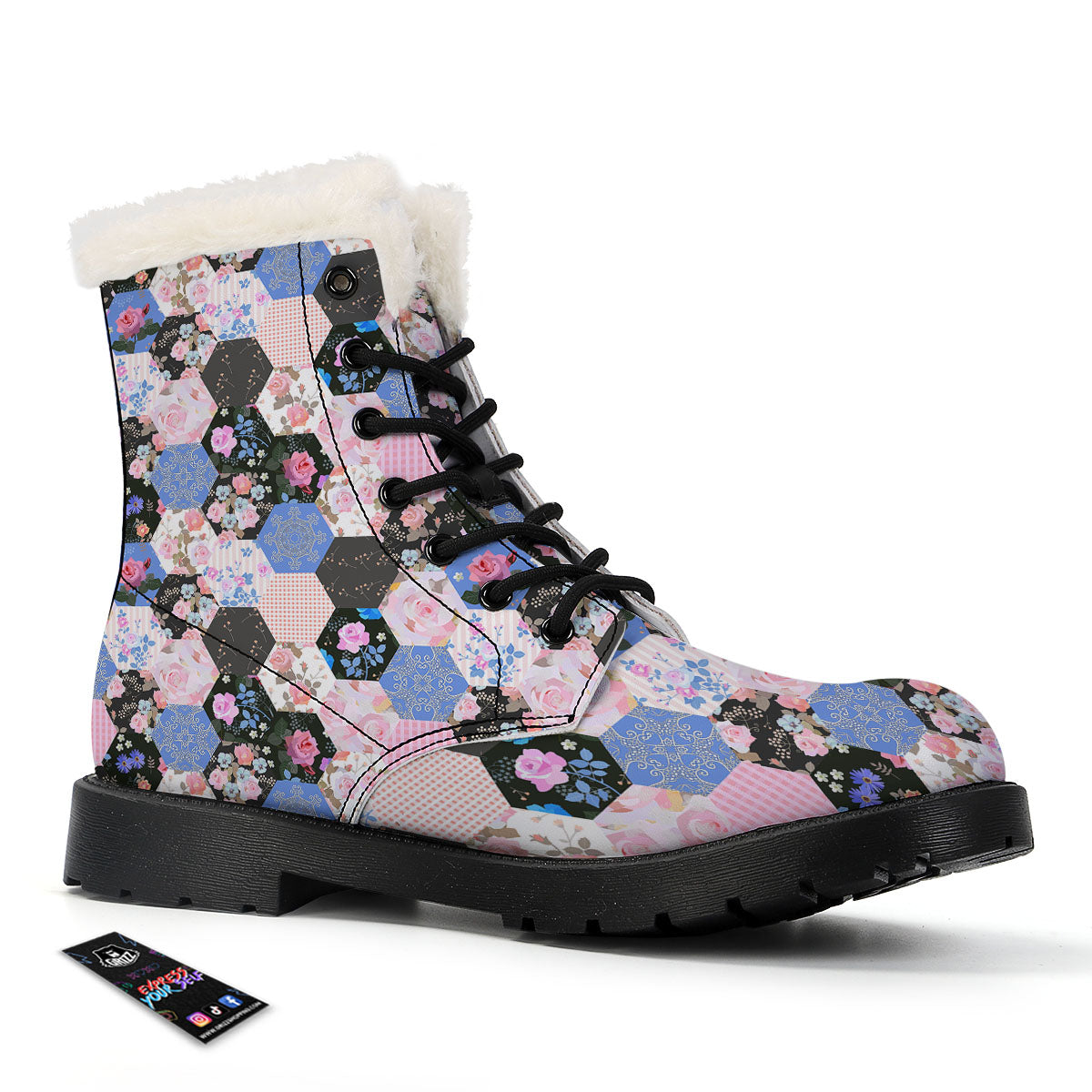 Flower Patchwork Pink Print Pattern Winter Boots-grizzshop