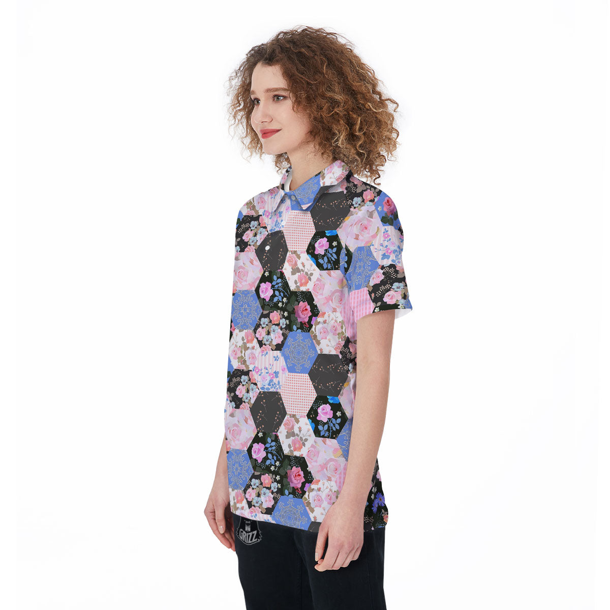 Flower Patchwork Pink Print Pattern Women's Golf Shirts-grizzshop