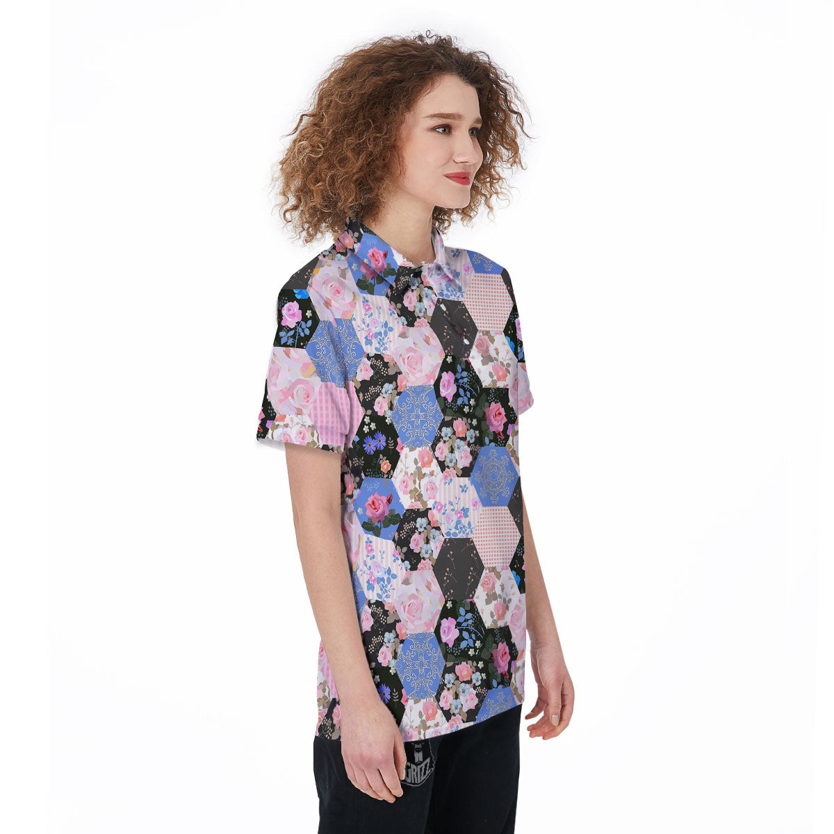 Flower Patchwork Pink Print Pattern Women's Golf Shirts-grizzshop