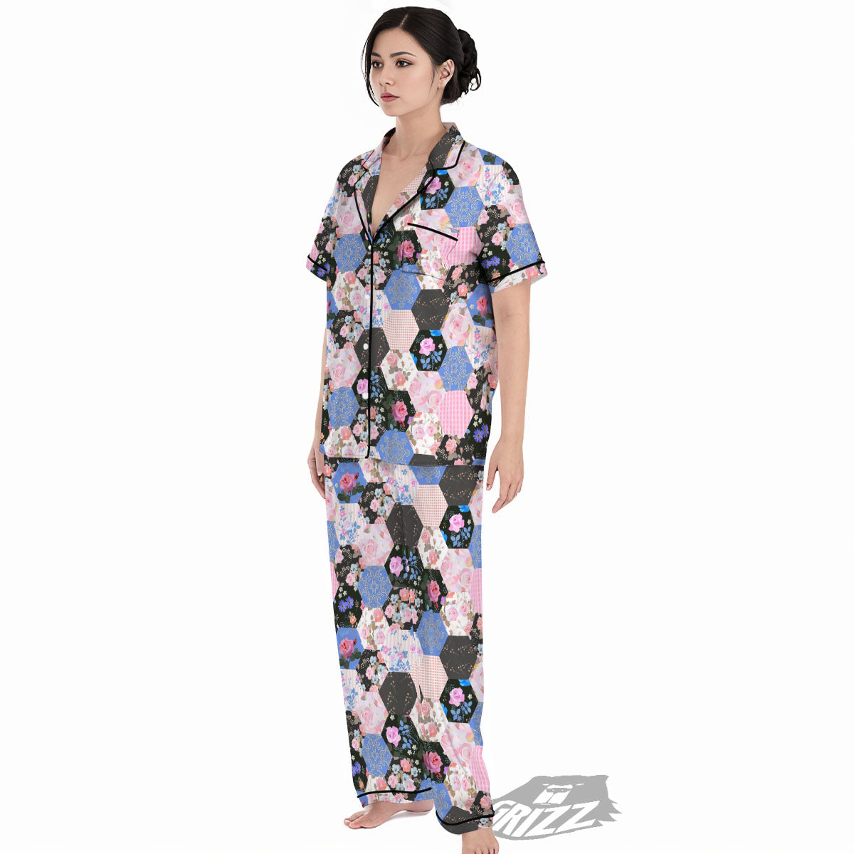 Flower Patchwork Pink Print Pattern Women's Pajamas Set-grizzshop
