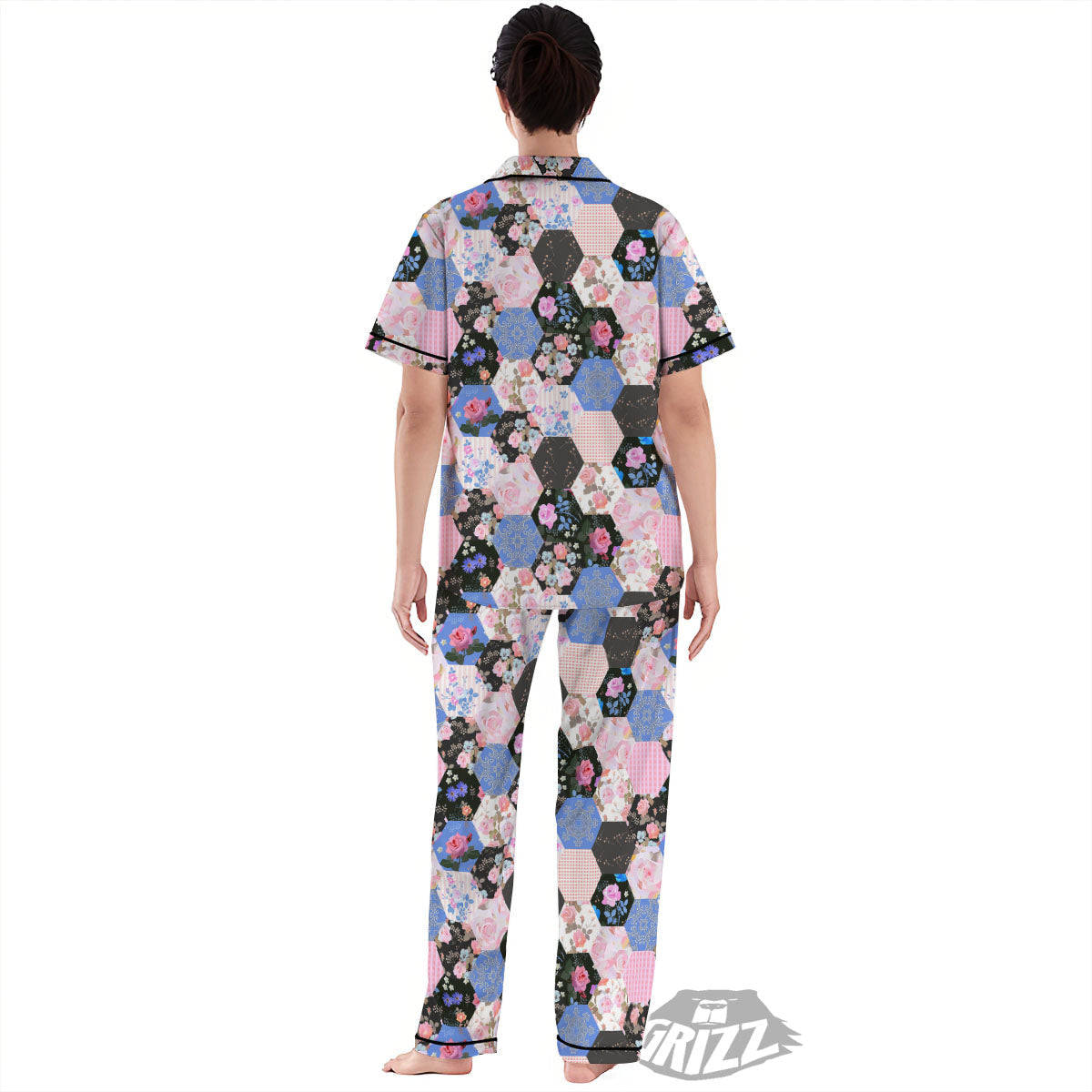 Flower Patchwork Pink Print Pattern Women's Pajamas Set-grizzshop