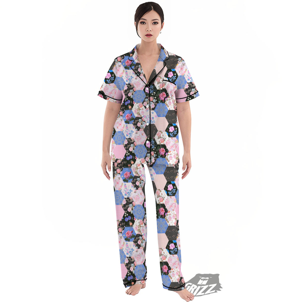 Flower Patchwork Pink Print Pattern Women's Pajamas Set-grizzshop