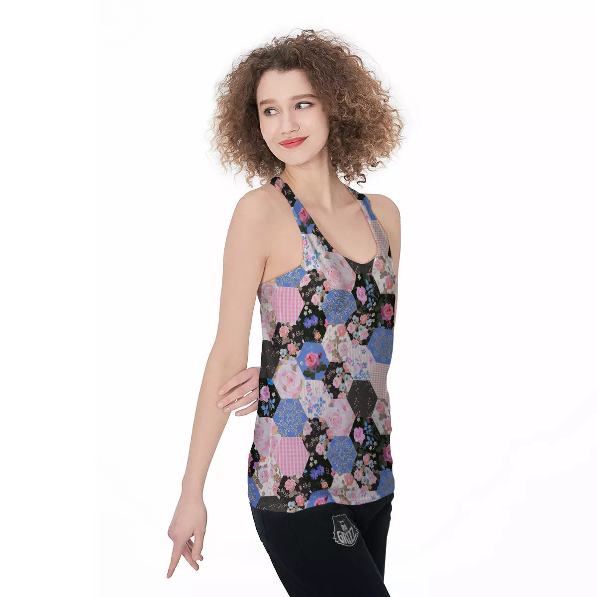 Flower Patchwork Pink Print Pattern Women's Racerback Tank Top-grizzshop