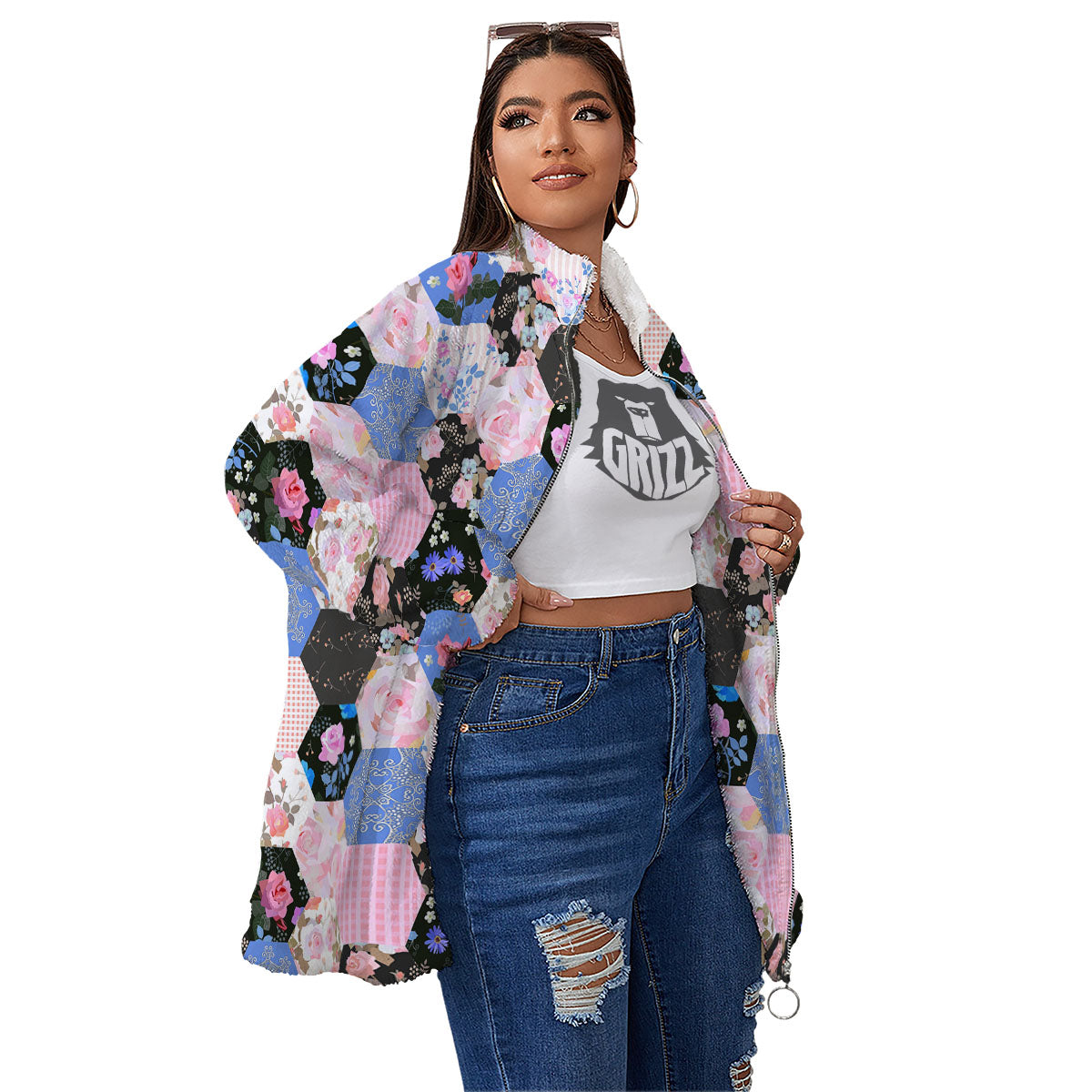 Flower Patchwork Pink Print Pattern Women's Sherpa Jacket-grizzshop