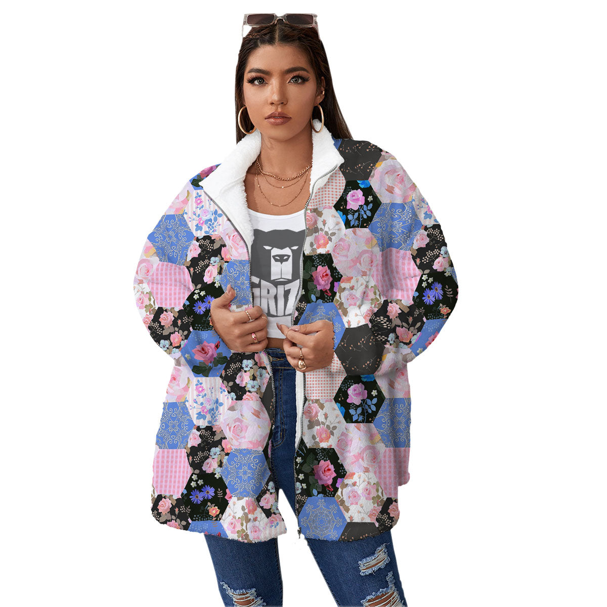 Flower Patchwork Pink Print Pattern Women's Sherpa Jacket-grizzshop