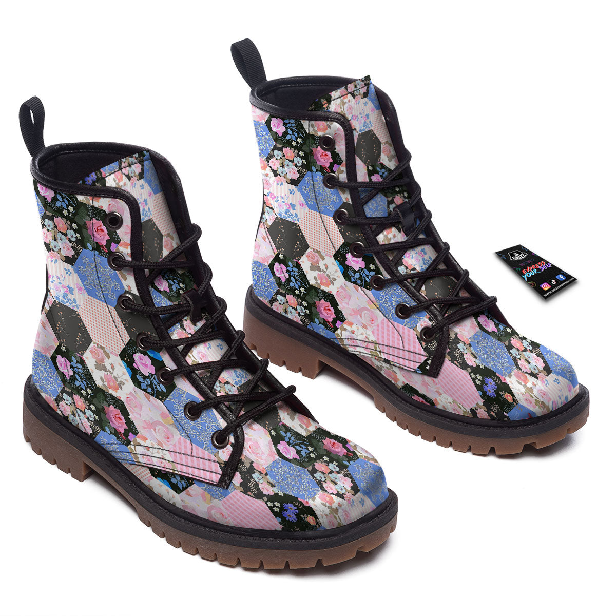 Flower Patchwork Pink Print Pattern Work Boots-grizzshop