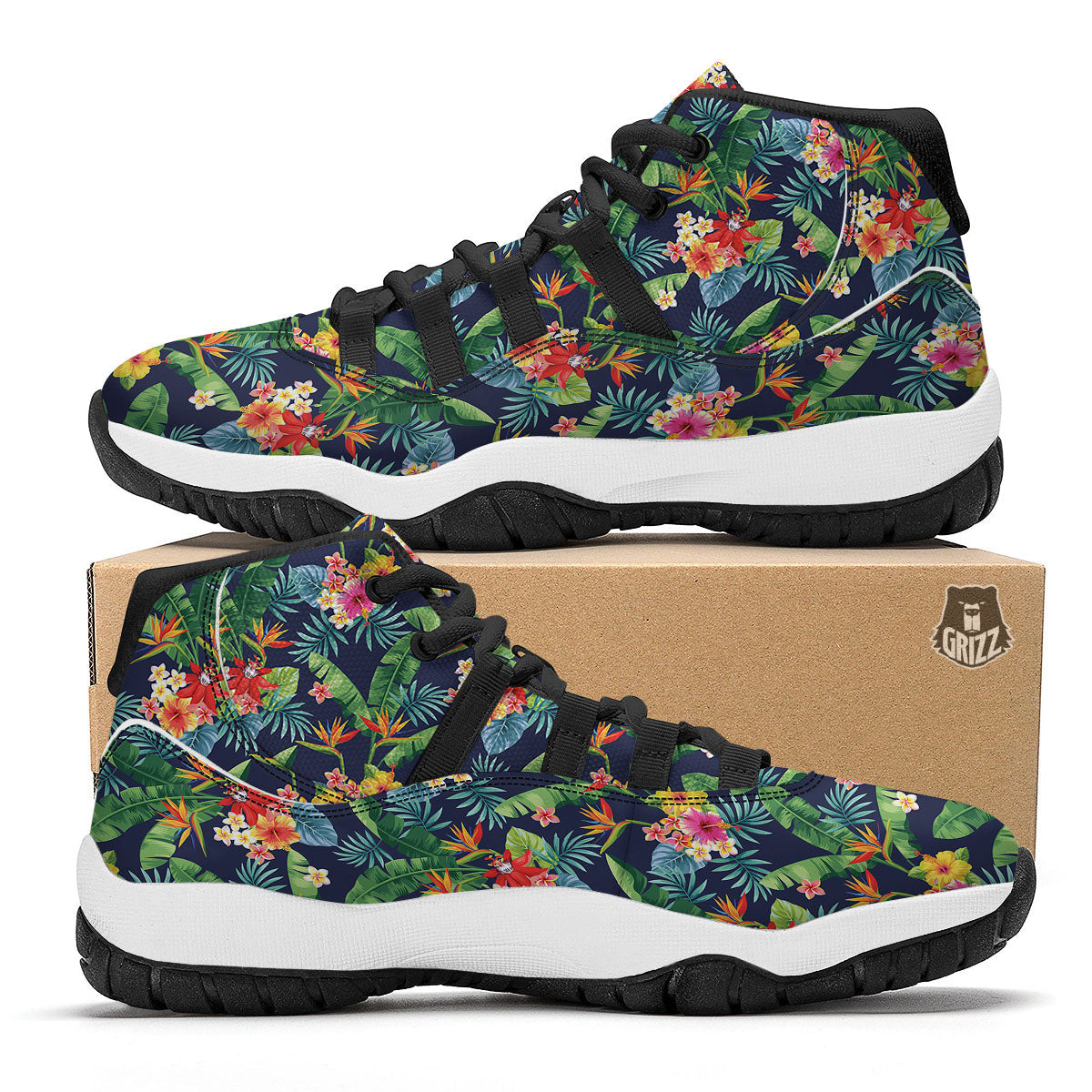 Flower Plumeria Vintage Print Pattern Black Bball Shoes-grizzshop