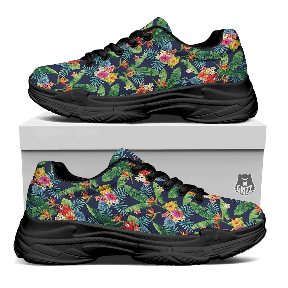 Flower Plumeria Vintage Print Pattern Black Chunky Shoes-grizzshop