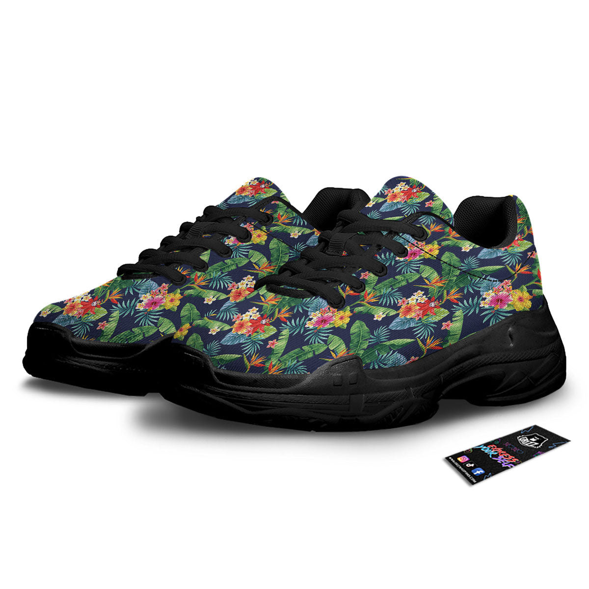 Flower Plumeria Vintage Print Pattern Black Chunky Shoes-grizzshop