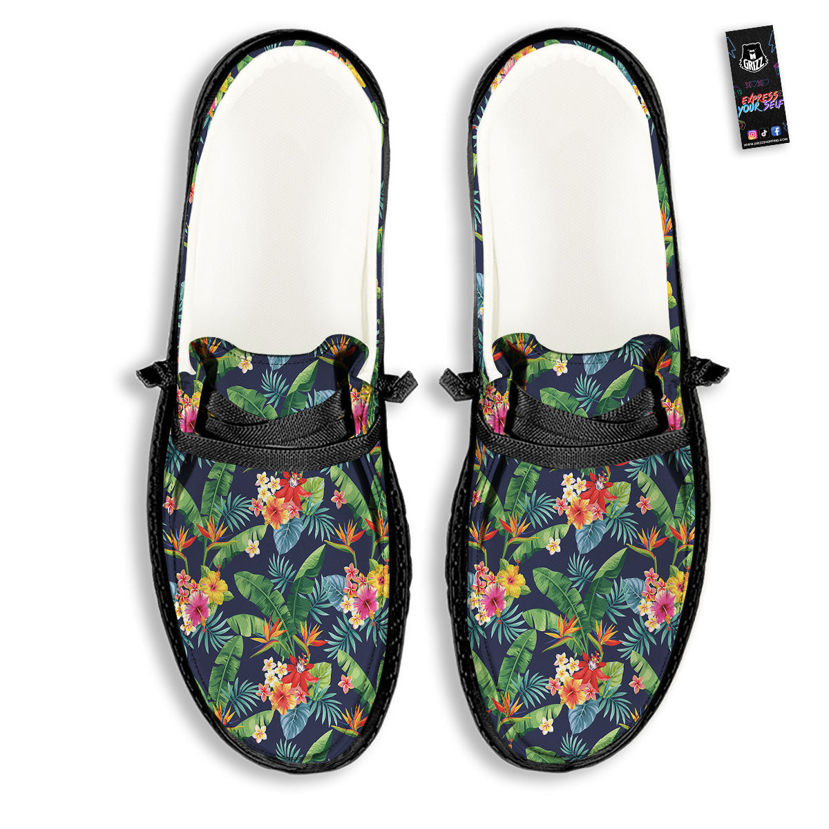 Flower Plumeria Vintage Print Pattern Black Loafers-grizzshop