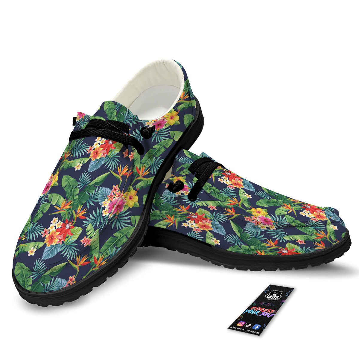 Flower Plumeria Vintage Print Pattern Black Loafers-grizzshop
