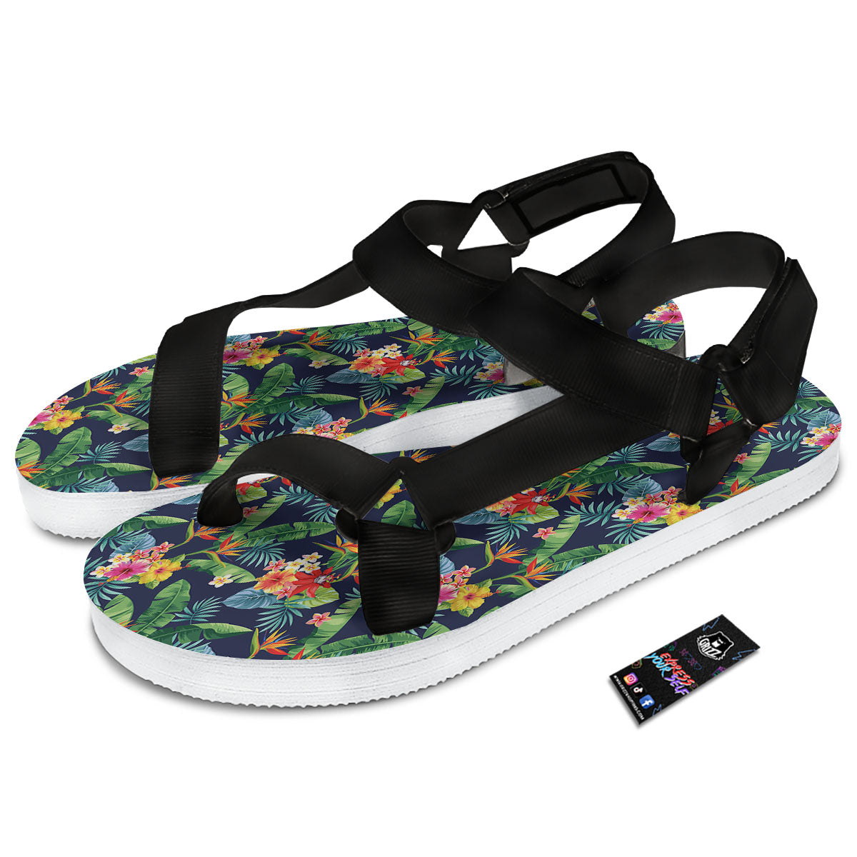 Flower Plumeria Vintage Print Pattern Black Open Toe Sandals-grizzshop
