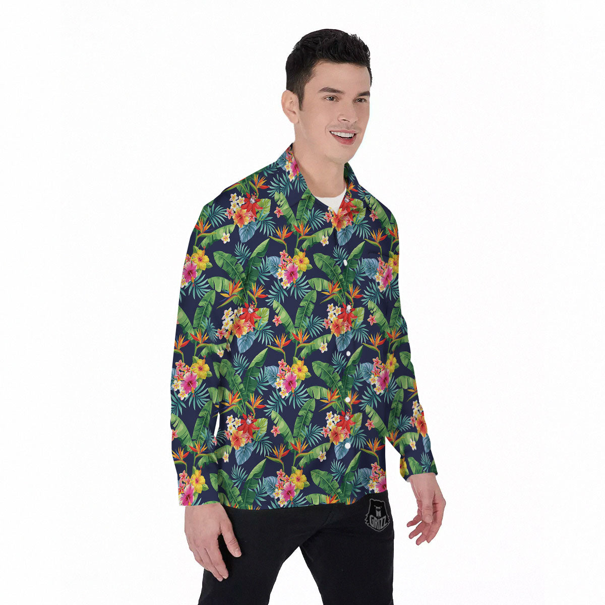 Flower Plumeria Vintage Print Pattern Men's Long Sleeve Shirts-grizzshop