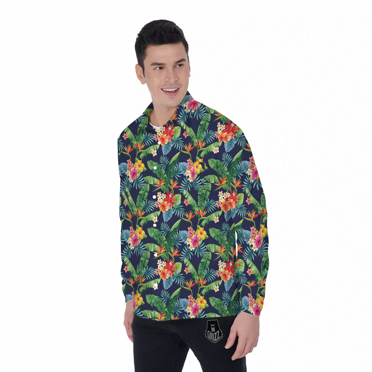 Flower Plumeria Vintage Print Pattern Men's Long Sleeve Shirts-grizzshop