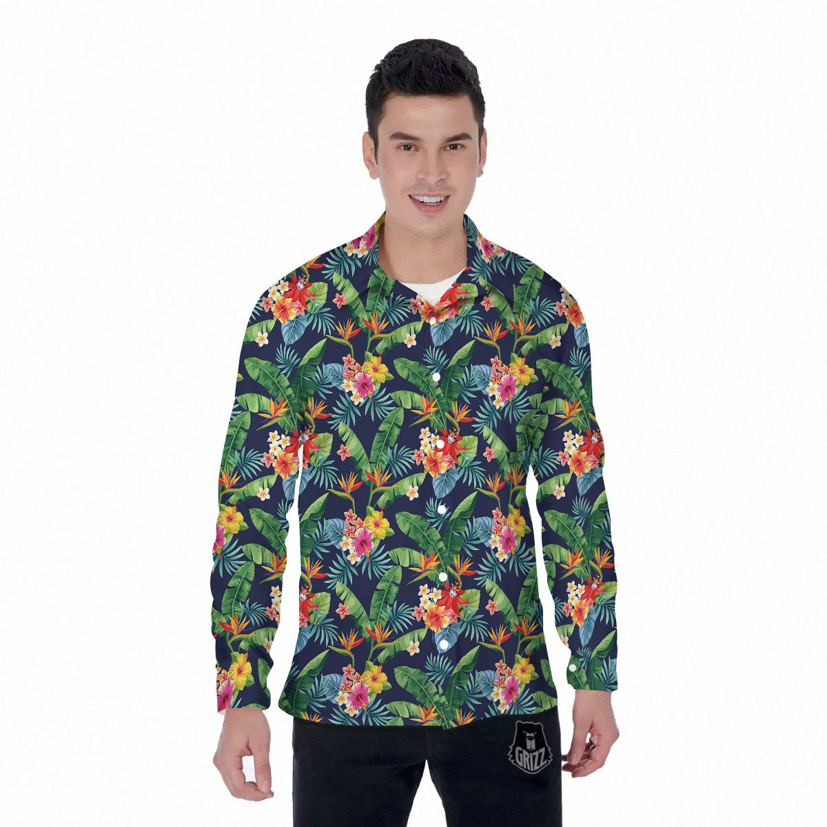 Flower Plumeria Vintage Print Pattern Men's Long Sleeve Shirts-grizzshop