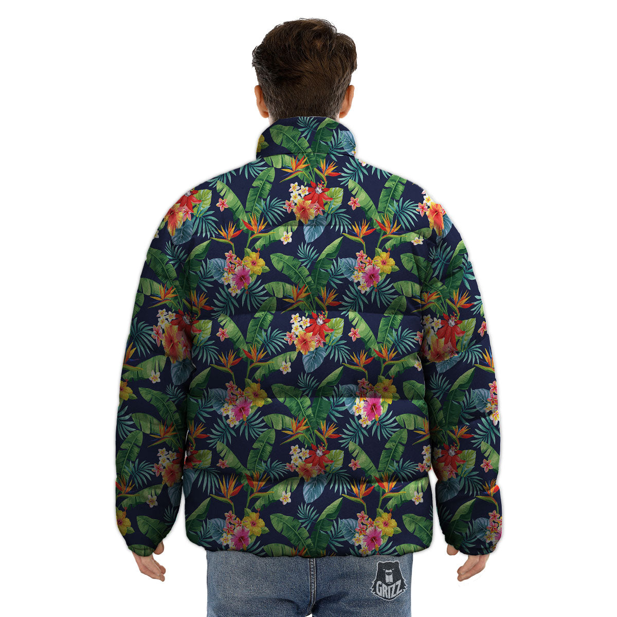 Flower Plumeria Vintage Print Pattern Puffer Jacket-grizzshop