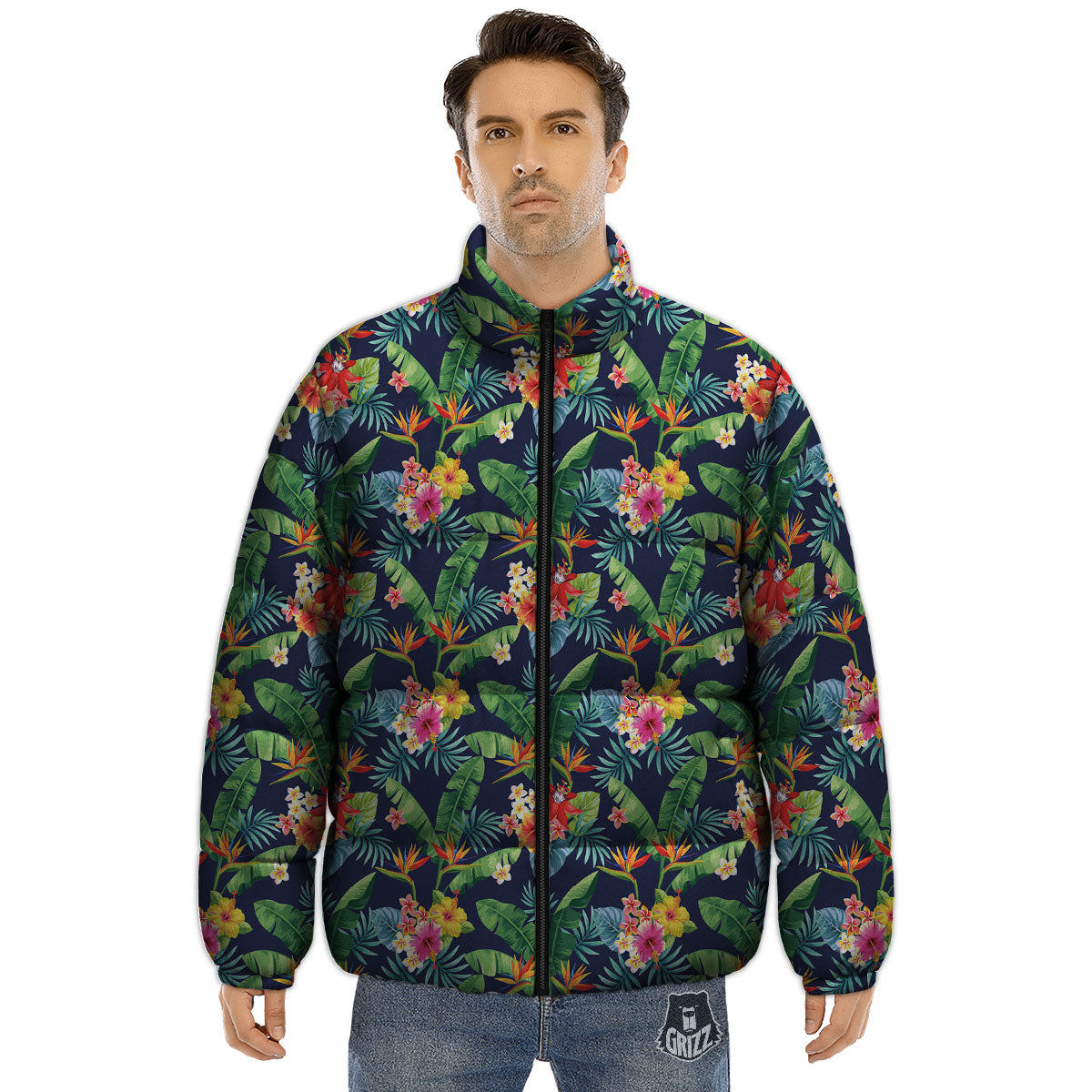 Flower Plumeria Vintage Print Pattern Puffer Jacket-grizzshop