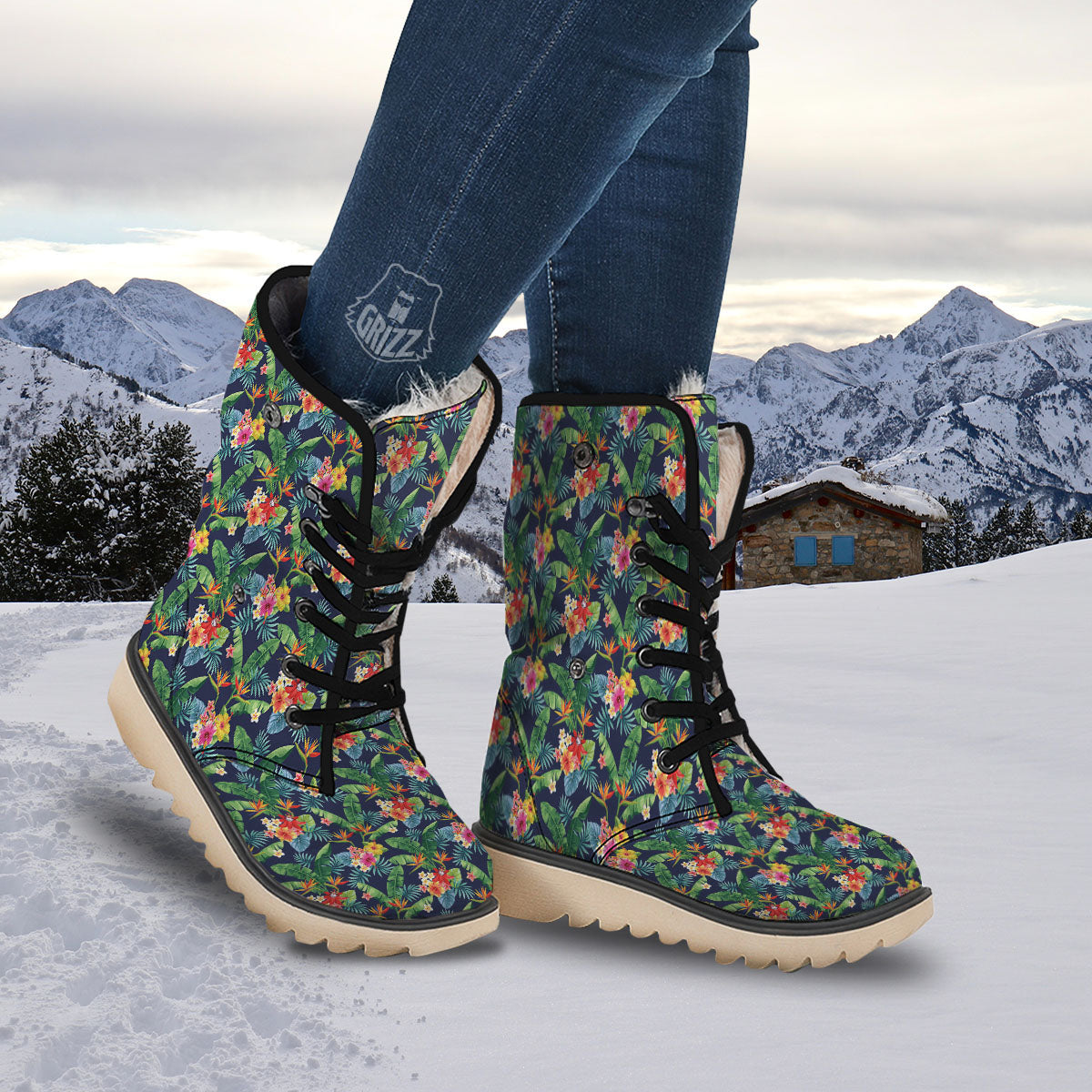 Flower Plumeria Vintage Print Pattern Snow Boots-grizzshop