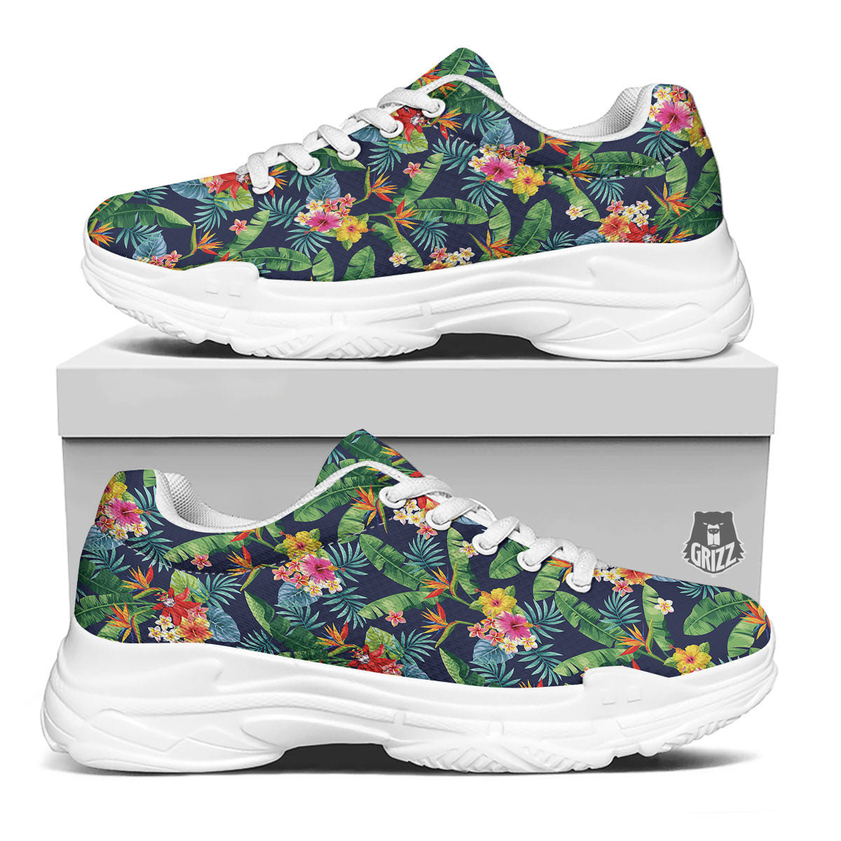 Flower Plumeria Vintage Print Pattern White Chunky Shoes-grizzshop