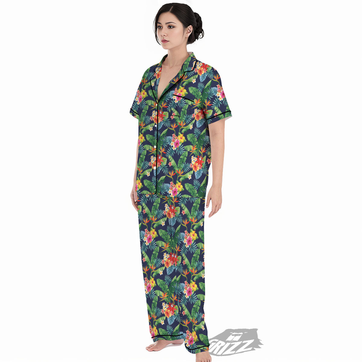 Flower Plumeria Vintage Print Pattern Women's Pajamas Set-grizzshop