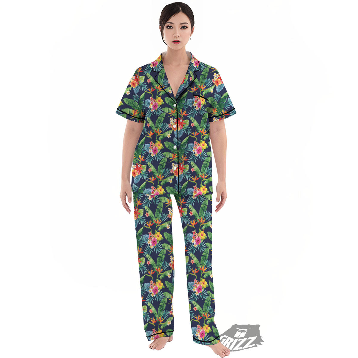 Flower Plumeria Vintage Print Pattern Women's Pajamas Set-grizzshop