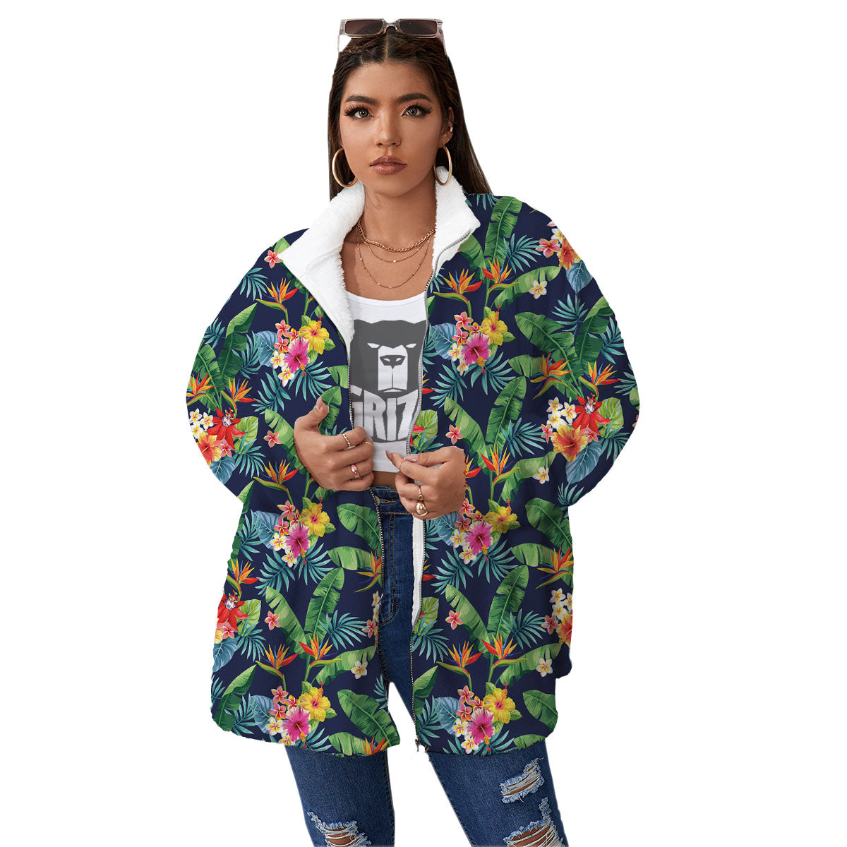 Flower Plumeria Vintage Print Pattern Women's Sherpa Jacket-grizzshop