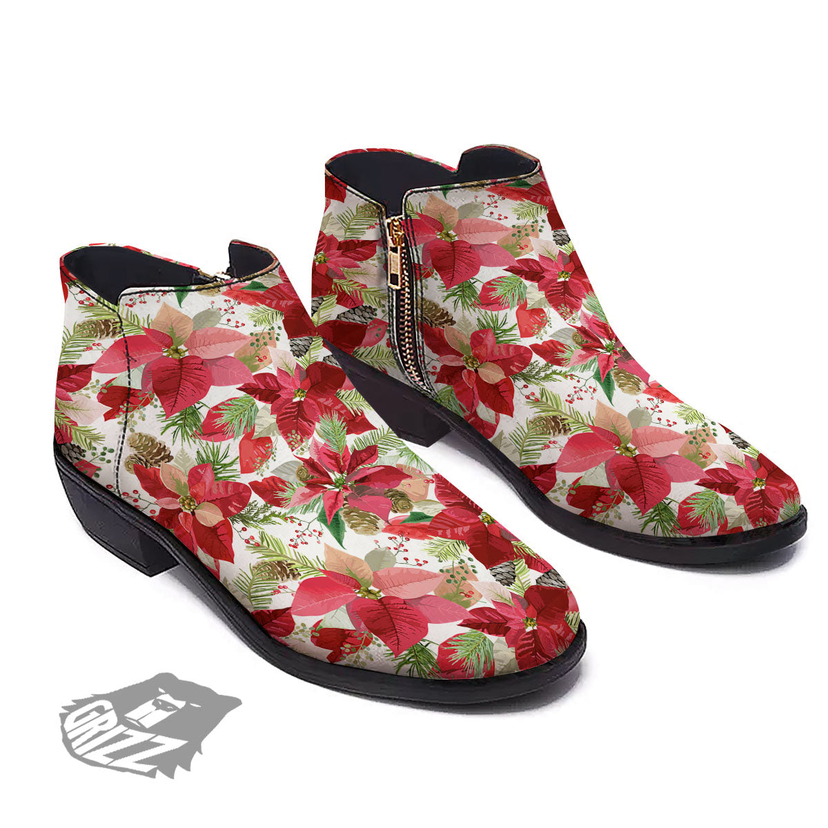 Flower Poinsettia Print Pattern Ankle Boots-grizzshop