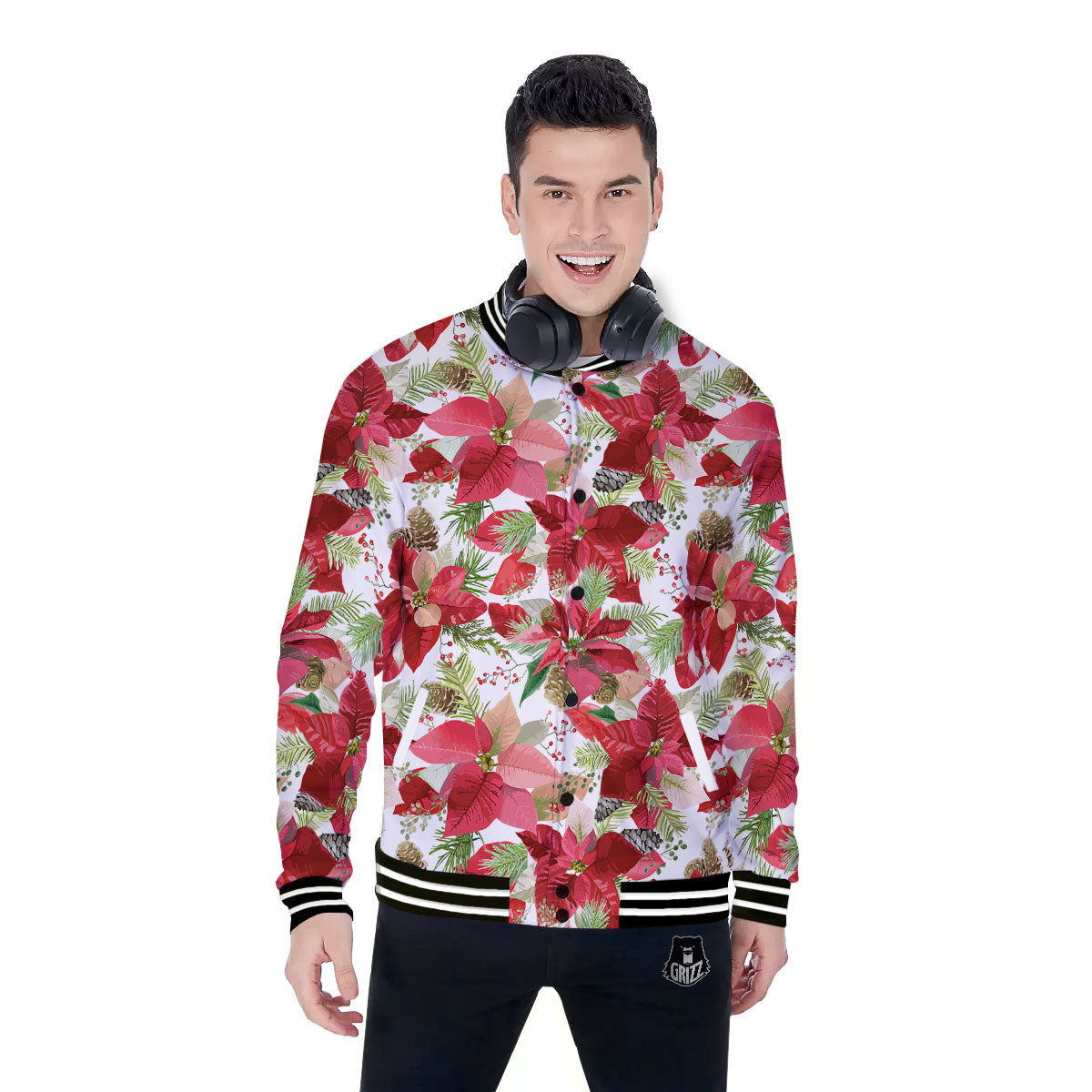 Flower Poinsettia Print Pattern Baseball Jacket-grizzshop