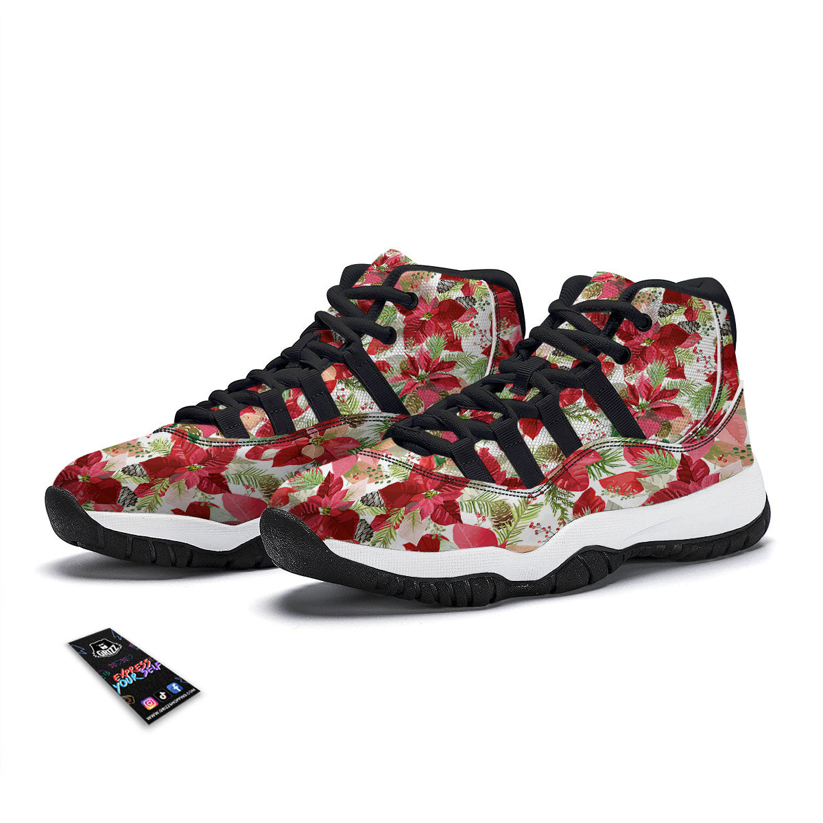 Flower Poinsettia Print Pattern Black Bball Shoes-grizzshop