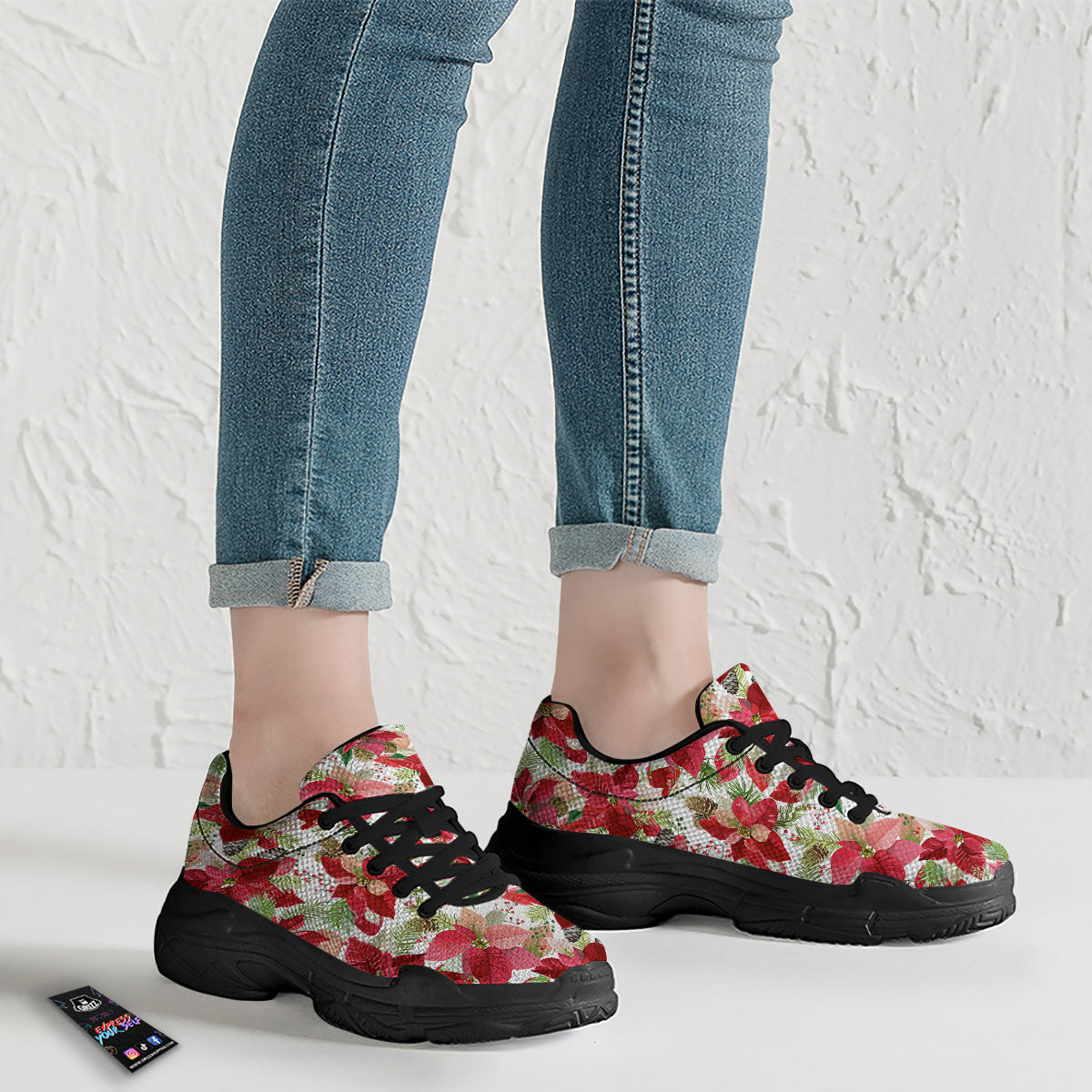 Flower Poinsettia Print Pattern Black Chunky Shoes-grizzshop