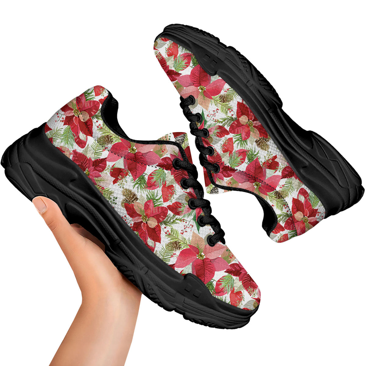 Flower Poinsettia Print Pattern Black Chunky Shoes-grizzshop
