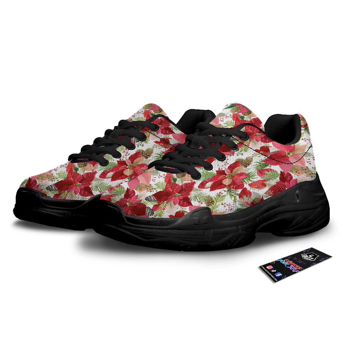 Flower Poinsettia Print Pattern Black Chunky Shoes-grizzshop
