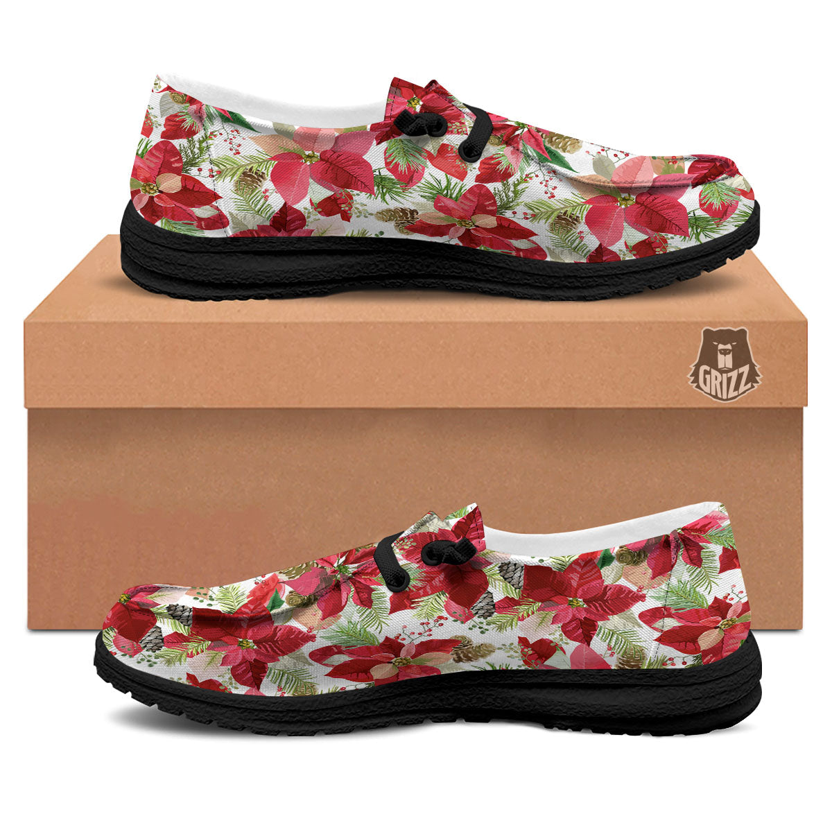 Flower Poinsettia Print Pattern Black Loafers-grizzshop