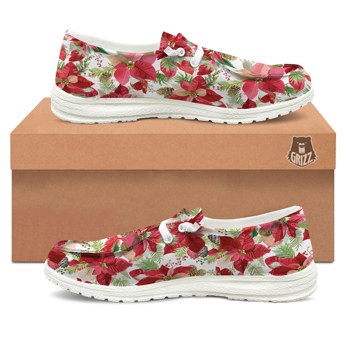 Flower Poinsettia Print Pattern Black Loafers-grizzshop