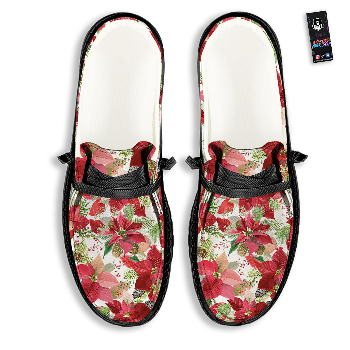 Flower Poinsettia Print Pattern Black Loafers-grizzshop