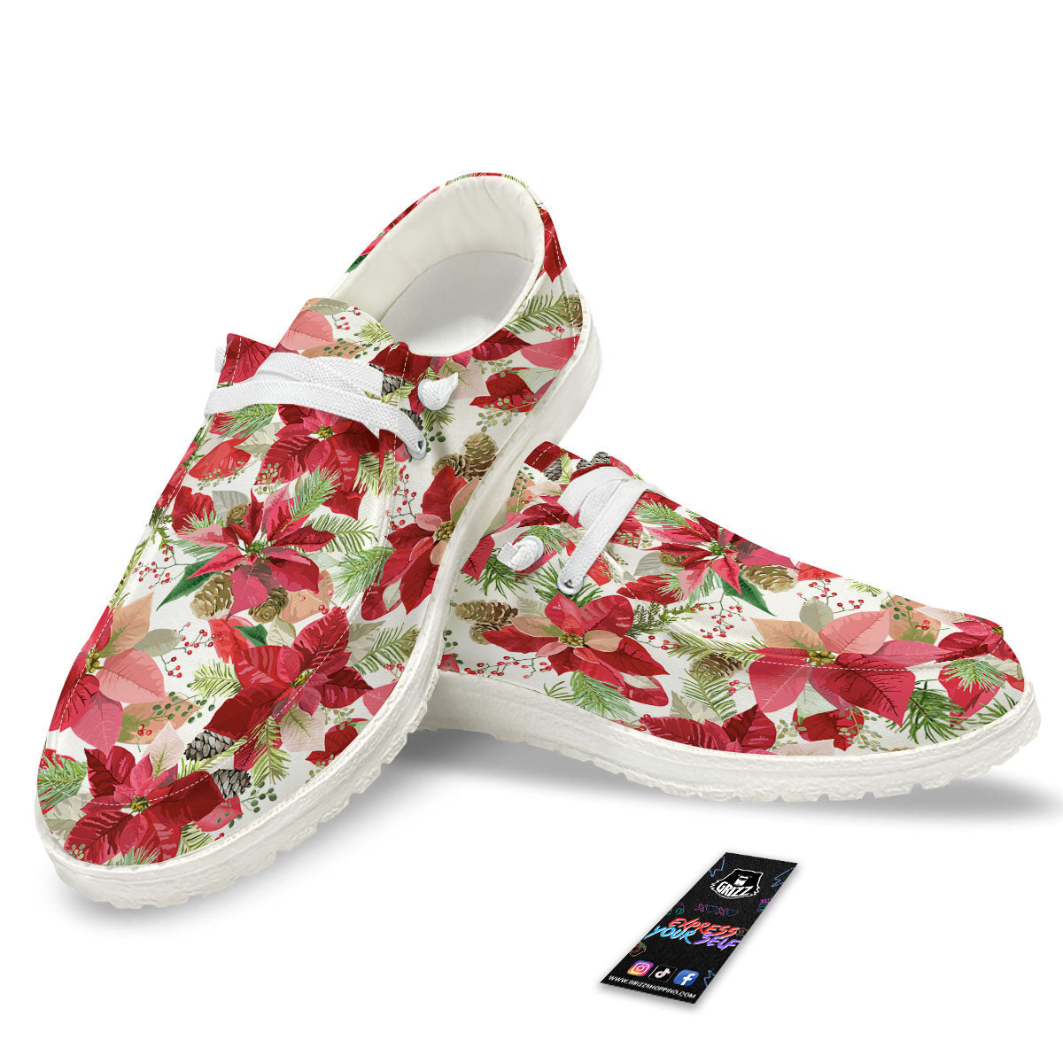 Flower Poinsettia Print Pattern Black Loafers-grizzshop