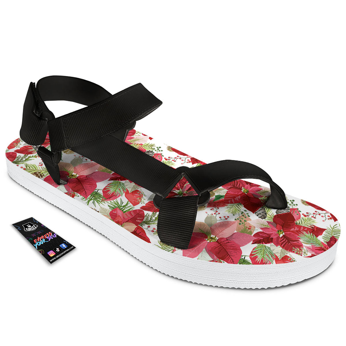 Flower Poinsettia Print Pattern Black Open Toe Sandals-grizzshop